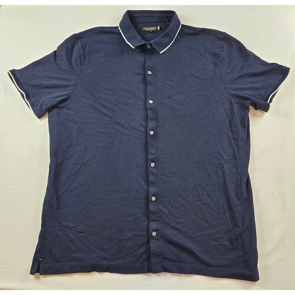Banana Republic Mens XXL Navy Performance Knit Button Up Polo Shirt Casual